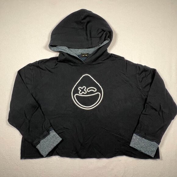 MONROW Long-Sleeve Hooded Cropped Sweater Navy Lounge Med Smiley Face Thermal - Picture 1 of 11